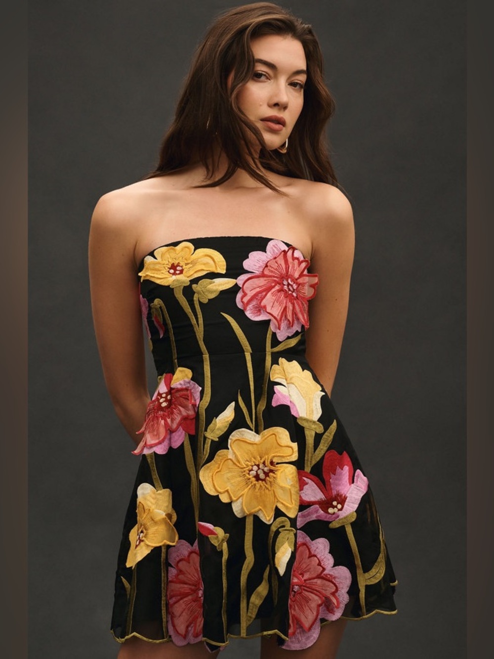 Anthropologie Black Strapless Dress with Yellow & Pink Floral Embroidery